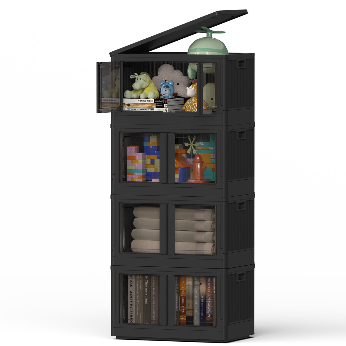 Stackable Collapsible Plastic Storage Bins with Lids,304 QT Closet Organizers with Doors, 25''L x 15.5''W x 56''H (Set of 4)